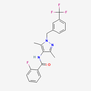 molecular formula C20H17F4N3O B4357259 N-{3,5-dimethyl-1-[3-(trifluoromethyl)benzyl]-1H-pyrazol-4-yl}-2-fluorobenzamide 