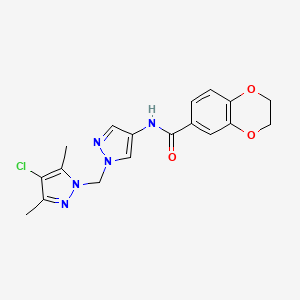 molecular formula C18H18ClN5O3 B4357802 N~6~-{1-[(4-CHLORO-3,5-DIMETHYL-1H-PYRAZOL-1-YL)METHYL]-1H-PYRAZOL-4-YL}-2,3-DIHYDRO-1,4-BENZODIOXINE-6-CARBOXAMIDE 