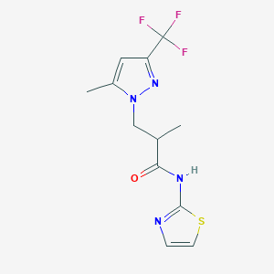 molecular formula C12H13F3N4OS B4358753 2-methyl-3-[5-methyl-3-(trifluoromethyl)-1H-pyrazol-1-yl]-N-1,3-thiazol-2-ylpropanamide 