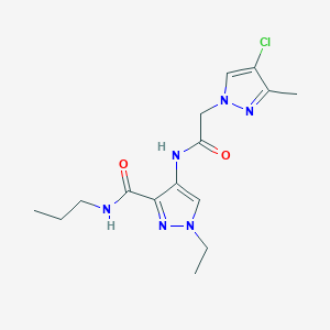 molecular formula C15H21ClN6O2 B4359520 4-{[2-(4-CHLORO-3-METHYL-1H-PYRAZOL-1-YL)ACETYL]AMINO}-1-ETHYL-N-PROPYL-1H-PYRAZOLE-3-CARBOXAMIDE 