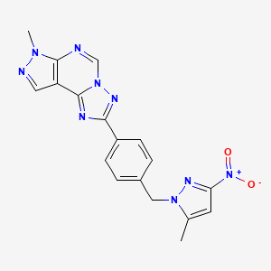 molecular formula C18H15N9O2 B4360411 7-methyl-2-{4-[(5-methyl-3-nitro-1H-pyrazol-1-yl)methyl]phenyl}-7H-pyrazolo[4,3-e][1,2,4]triazolo[1,5-c]pyrimidine 