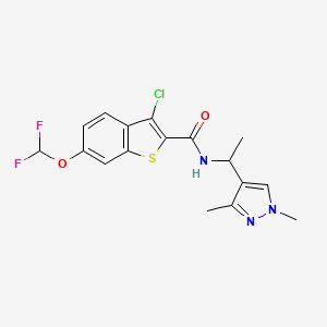 molecular formula C17H16ClF2N3O2S B4360486 3-chloro-6-(difluoromethoxy)-N-[1-(1,3-dimethyl-1H-pyrazol-4-yl)ethyl]-1-benzothiophene-2-carboxamide 