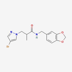 molecular formula C15H16BrN3O3 B4360602 N-(1,3-benzodioxol-5-ylmethyl)-3-(4-bromo-1H-pyrazol-1-yl)-2-methylpropanamide 