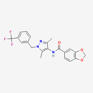 molecular formula C21H18F3N3O3 B4361241 N-{3,5-dimethyl-1-[3-(trifluoromethyl)benzyl]-1H-pyrazol-4-yl}-1,3-benzodioxole-5-carboxamide 