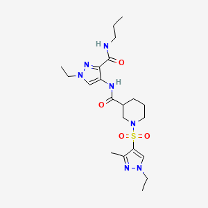 molecular formula C21H33N7O4S B4362083 1-[(1-ethyl-3-methyl-1H-pyrazol-4-yl)sulfonyl]-N-{1-ethyl-3-[(propylamino)carbonyl]-1H-pyrazol-4-yl}-3-piperidinecarboxamide 