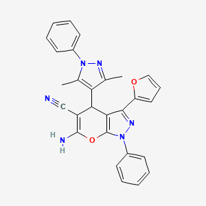 molecular formula C28H22N6O2 B4362380 6-amino-4-(3,5-dimethyl-1-phenyl-1H-pyrazol-4-yl)-3-(2-furyl)-1-phenyl-1,4-dihydropyrano[2,3-c]pyrazole-5-carbonitrile 