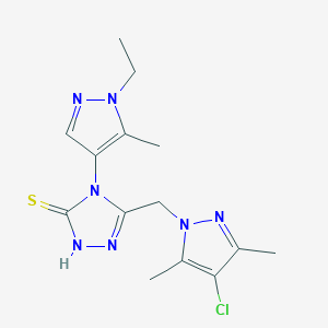 molecular formula C14H18ClN7S B4363068 5-[(4-CHLORO-3,5-DIMETHYL-1H-PYRAZOL-1-YL)METHYL]-4-(1-ETHYL-5-METHYL-1H-PYRAZOL-4-YL)-4H-1,2,4-TRIAZOL-3-YLHYDROSULFIDE 