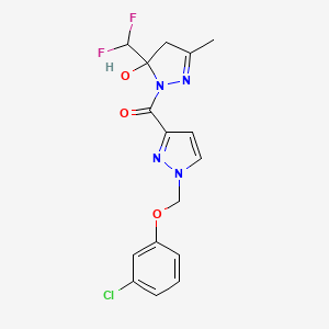 molecular formula C16H15ClF2N4O3 B4363074 {1-[(3-chlorophenoxy)methyl]-1H-pyrazol-3-yl}[5-(difluoromethyl)-5-hydroxy-3-methyl-4,5-dihydro-1H-pyrazol-1-yl]methanone 