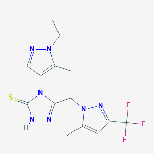 molecular formula C14H16F3N7S B4363418 4-(1-ETHYL-5-METHYL-1H-PYRAZOL-4-YL)-5-{[5-METHYL-3-(TRIFLUOROMETHYL)-1H-PYRAZOL-1-YL]METHYL}-4H-1,2,4-TRIAZOL-3-YLHYDROSULFIDE 