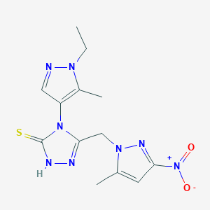 molecular formula C13H16N8O2S B4363421 4-(1-ETHYL-5-METHYL-1H-PYRAZOL-4-YL)-5-[(5-METHYL-3-NITRO-1H-PYRAZOL-1-YL)METHYL]-4H-1,2,4-TRIAZOL-3-YLHYDROSULFIDE 