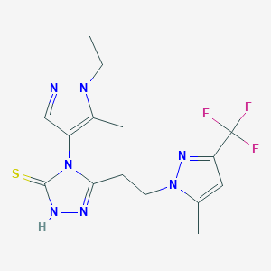 molecular formula C15H18F3N7S B4363430 4-(1-ethyl-5-methyl-1H-pyrazol-4-yl)-5-{2-[5-methyl-3-(trifluoromethyl)-1H-pyrazol-1-yl]ethyl}-4H-1,2,4-triazole-3-thiol 