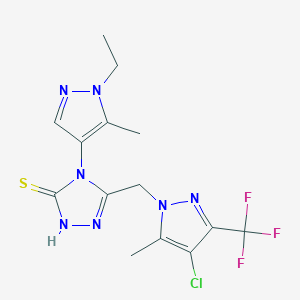 molecular formula C14H15ClF3N7S B4363441 5-{[4-CHLORO-5-METHYL-3-(TRIFLUOROMETHYL)-1H-PYRAZOL-1-YL]METHYL}-4-(1-ETHYL-5-METHYL-1H-PYRAZOL-4-YL)-4H-1,2,4-TRIAZOL-3-YLHYDROSULFIDE 