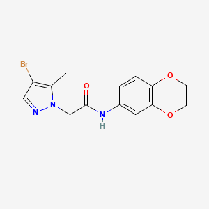 molecular formula C15H16BrN3O3 B4363985 2-(4-bromo-5-methyl-1H-pyrazol-1-yl)-N-(2,3-dihydro-1,4-benzodioxin-6-yl)propanamide 