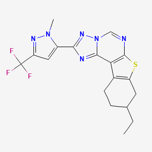 molecular formula C18H17F3N6S B4364537 9-ethyl-2-[1-methyl-3-(trifluoromethyl)-1H-pyrazol-5-yl]-8,9,10,11-tetrahydro[1]benzothieno[3,2-e][1,2,4]triazolo[1,5-c]pyrimidine 