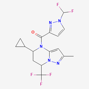 molecular formula C16H16F5N5O B4364717 5-cyclopropyl-4-{[1-(difluoromethyl)-1H-pyrazol-3-yl]carbonyl}-2-methyl-7-(trifluoromethyl)-4,5,6,7-tetrahydropyrazolo[1,5-a]pyrimidine 