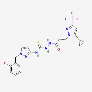 molecular formula C21H21F4N7OS B4365039 2-{3-[5-cyclopropyl-3-(trifluoromethyl)-1H-pyrazol-1-yl]propanoyl}-N-[1-(2-fluorobenzyl)-1H-pyrazol-3-yl]hydrazinecarbothioamide 