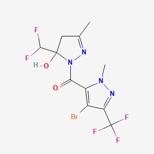 molecular formula C11H10BrF5N4O2 B4365715 1-{[4-bromo-1-methyl-3-(trifluoromethyl)-1H-pyrazol-5-yl]carbonyl}-5-(difluoromethyl)-3-methyl-4,5-dihydro-1H-pyrazol-5-ol 