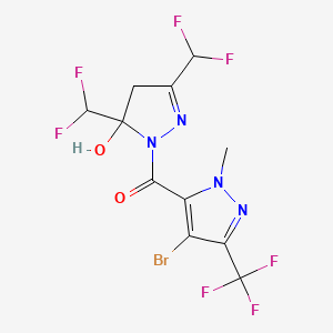molecular formula C11H8BrF7N4O2 B4365825 1-{[4-bromo-1-methyl-3-(trifluoromethyl)-1H-pyrazol-5-yl]carbonyl}-3,5-bis(difluoromethyl)-4,5-dihydro-1H-pyrazol-5-ol 