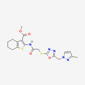 molecular formula C19H21N5O4S2 B4365974 methyl 2-{[({5-[(3-methyl-1H-pyrazol-1-yl)methyl]-1,3,4-oxadiazol-2-yl}thio)acetyl]amino}-4,5,6,7-tetrahydro-1-benzothiophene-3-carboxylate 