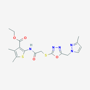 molecular formula C18H21N5O4S2 B4366099 ethyl 4,5-dimethyl-2-{[({5-[(3-methyl-1H-pyrazol-1-yl)methyl]-1,3,4-oxadiazol-2-yl}thio)acetyl]amino}-3-thiophenecarboxylate 