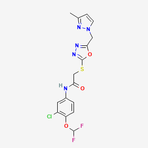 molecular formula C16H14ClF2N5O3S B4366103 N-[3-chloro-4-(difluoromethoxy)phenyl]-2-({5-[(3-methyl-1H-pyrazol-1-yl)methyl]-1,3,4-oxadiazol-2-yl}thio)acetamide 