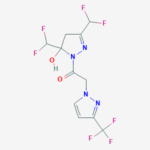 molecular formula C11H9F7N4O2 B4366116 3,5-bis(difluoromethyl)-1-{[3-(trifluoromethyl)-1H-pyrazol-1-yl]acetyl}-4,5-dihydro-1H-pyrazol-5-ol 