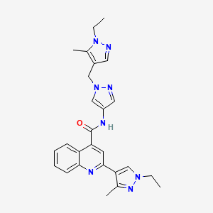 molecular formula C26H28N8O B4366389 2-(1-ethyl-3-methyl-1H-pyrazol-4-yl)-N-{1-[(1-ethyl-5-methyl-1H-pyrazol-4-yl)methyl]-1H-pyrazol-4-yl}-4-quinolinecarboxamide 