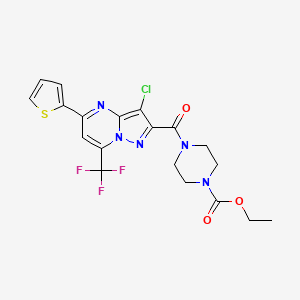 molecular formula C19H17ClF3N5O3S B4367012 ethyl 4-{[3-chloro-5-(2-thienyl)-7-(trifluoromethyl)pyrazolo[1,5-a]pyrimidin-2-yl]carbonyl}-1-piperazinecarboxylate 