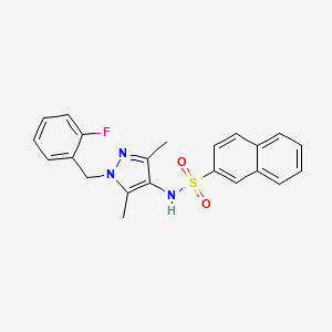 molecular formula C22H20FN3O2S B4367417 N-[1-(2-fluorobenzyl)-3,5-dimethyl-1H-pyrazol-4-yl]-2-naphthalenesulfonamide 