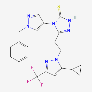 molecular formula C22H22F3N7S B4367646 5-{2-[5-cyclopropyl-3-(trifluoromethyl)-1H-pyrazol-1-yl]ethyl}-4-[1-(4-methylbenzyl)-1H-pyrazol-4-yl]-4H-1,2,4-triazole-3-thiol 