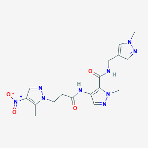 molecular formula C17H21N9O4 B4367849 1-methyl-4-{[3-(5-methyl-4-nitro-1H-pyrazol-1-yl)propanoyl]amino}-N-[(1-methyl-1H-pyrazol-4-yl)methyl]-1H-pyrazole-5-carboxamide 