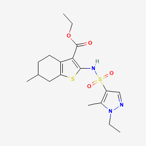 molecular formula C18H25N3O4S2 B4367956 ethyl 2-{[(1-ethyl-5-methyl-1H-pyrazol-4-yl)sulfonyl]amino}-6-methyl-4,5,6,7-tetrahydro-1-benzothiophene-3-carboxylate 