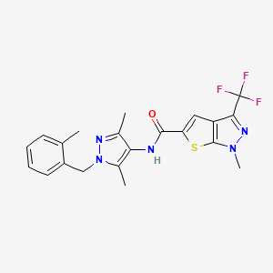 molecular formula C21H20F3N5OS B4370834 N-[3,5-dimethyl-1-(2-methylbenzyl)-1H-pyrazol-4-yl]-1-methyl-3-(trifluoromethyl)-1H-thieno[2,3-c]pyrazole-5-carboxamide 