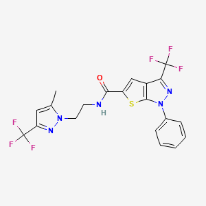 molecular formula C20H15F6N5OS B4371172 N~5~-{2-[5-METHYL-3-(TRIFLUOROMETHYL)-1H-PYRAZOL-1-YL]ETHYL}-1-PHENYL-3-(TRIFLUOROMETHYL)-1H-THIENO[2,3-C]PYRAZOLE-5-CARBOXAMIDE 