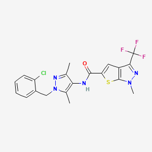 molecular formula C20H17ClF3N5OS B4371266 N-[1-(2-chlorobenzyl)-3,5-dimethyl-1H-pyrazol-4-yl]-1-methyl-3-(trifluoromethyl)-1H-thieno[2,3-c]pyrazole-5-carboxamide 