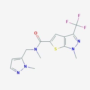 molecular formula C14H14F3N5OS B4371726 N~5~,1-DIMETHYL-N~5~-[(1-METHYL-1H-PYRAZOL-5-YL)METHYL]-3-(TRIFLUOROMETHYL)-1H-THIENO[2,3-C]PYRAZOLE-5-CARBOXAMIDE 