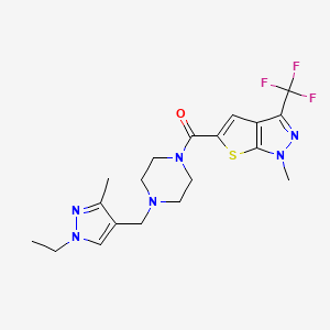 molecular formula C19H23F3N6OS B4371738 5-({4-[(1-ethyl-3-methyl-1H-pyrazol-4-yl)methyl]-1-piperazinyl}carbonyl)-1-methyl-3-(trifluoromethyl)-1H-thieno[2,3-c]pyrazole 