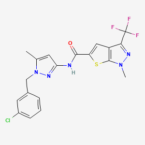 molecular formula C19H15ClF3N5OS B4372254 N~5~-[1-(3-CHLOROBENZYL)-5-METHYL-1H-PYRAZOL-3-YL]-1-METHYL-3-(TRIFLUOROMETHYL)-1H-THIENO[2,3-C]PYRAZOLE-5-CARBOXAMIDE 