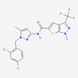 molecular formula C19H14Cl2F3N5OS B4372259 N~5~-[1-(2,4-DICHLOROBENZYL)-5-METHYL-1H-PYRAZOL-3-YL]-1-METHYL-3-(TRIFLUOROMETHYL)-1H-THIENO[2,3-C]PYRAZOLE-5-CARBOXAMIDE 