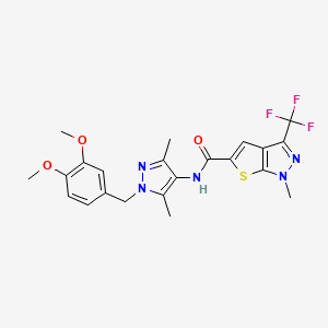 molecular formula C22H22F3N5O3S B4372267 N~5~-[1-(3,4-DIMETHOXYBENZYL)-3,5-DIMETHYL-1H-PYRAZOL-4-YL]-1-METHYL-3-(TRIFLUOROMETHYL)-1H-THIENO[2,3-C]PYRAZOLE-5-CARBOXAMIDE 