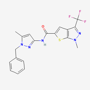 molecular formula C19H16F3N5OS B4372275 N~5~-(1-BENZYL-5-METHYL-1H-PYRAZOL-3-YL)-1-METHYL-3-(TRIFLUOROMETHYL)-1H-THIENO[2,3-C]PYRAZOLE-5-CARBOXAMIDE 