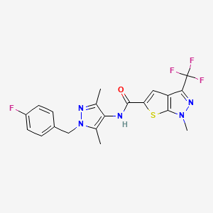 molecular formula C20H17F4N5OS B4372747 N-[1-(4-fluorobenzyl)-3,5-dimethyl-1H-pyrazol-4-yl]-1-methyl-3-(trifluoromethyl)-1H-thieno[2,3-c]pyrazole-5-carboxamide 