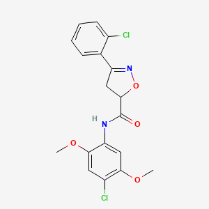 molecular formula C18H16Cl2N2O4 B4372881 N~5~-(4-CHLORO-2,5-DIMETHOXYPHENYL)-3-(2-CHLOROPHENYL)-4,5-DIHYDRO-5-ISOXAZOLECARBOXAMIDE 