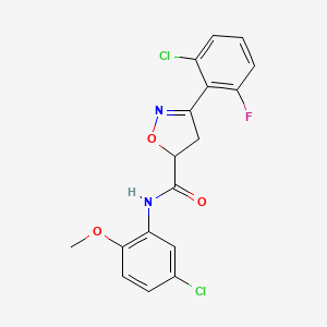 molecular formula C17H13Cl2FN2O3 B4372978 3-(2-chloro-6-fluorophenyl)-N-(5-chloro-2-methoxyphenyl)-4,5-dihydro-5-isoxazolecarboxamide 