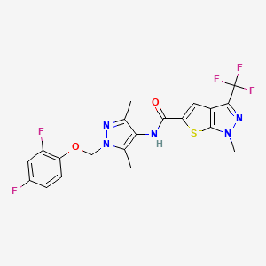 molecular formula C20H16F5N5O2S B4373439 N~5~-{1-[(2,4-DIFLUOROPHENOXY)METHYL]-3,5-DIMETHYL-1H-PYRAZOL-4-YL}-1-METHYL-3-(TRIFLUOROMETHYL)-1H-THIENO[2,3-C]PYRAZOLE-5-CARBOXAMIDE 