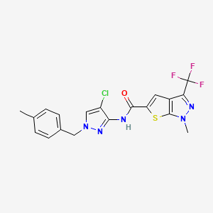 molecular formula C19H15ClF3N5OS B4373445 N~5~-[4-CHLORO-1-(4-METHYLBENZYL)-1H-PYRAZOL-3-YL]-1-METHYL-3-(TRIFLUOROMETHYL)-1H-THIENO[2,3-C]PYRAZOLE-5-CARBOXAMIDE 