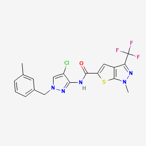 molecular formula C19H15ClF3N5OS B4373451 N~5~-[4-CHLORO-1-(3-METHYLBENZYL)-1H-PYRAZOL-3-YL]-1-METHYL-3-(TRIFLUOROMETHYL)-1H-THIENO[2,3-C]PYRAZOLE-5-CARBOXAMIDE 