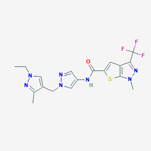 molecular formula C18H18F3N7OS B4373455 N~5~-{1-[(1-ETHYL-3-METHYL-1H-PYRAZOL-4-YL)METHYL]-1H-PYRAZOL-4-YL}-1-METHYL-3-(TRIFLUOROMETHYL)-1H-THIENO[2,3-C]PYRAZOLE-5-CARBOXAMIDE 