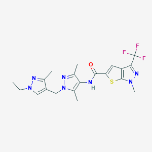 molecular formula C20H22F3N7OS B4373548 N~5~-{1-[(1-ETHYL-3-METHYL-1H-PYRAZOL-4-YL)METHYL]-3,5-DIMETHYL-1H-PYRAZOL-4-YL}-1-METHYL-3-(TRIFLUOROMETHYL)-1H-THIENO[2,3-C]PYRAZOLE-5-CARBOXAMIDE 