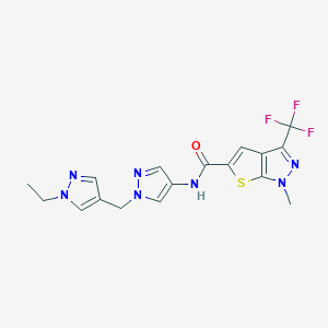 molecular formula C17H16F3N7OS B4373553 N~5~-{1-[(1-ETHYL-1H-PYRAZOL-4-YL)METHYL]-1H-PYRAZOL-4-YL}-1-METHYL-3-(TRIFLUOROMETHYL)-1H-THIENO[2,3-C]PYRAZOLE-5-CARBOXAMIDE 